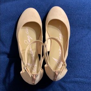 Nude pink 2” wedge with ankle strap